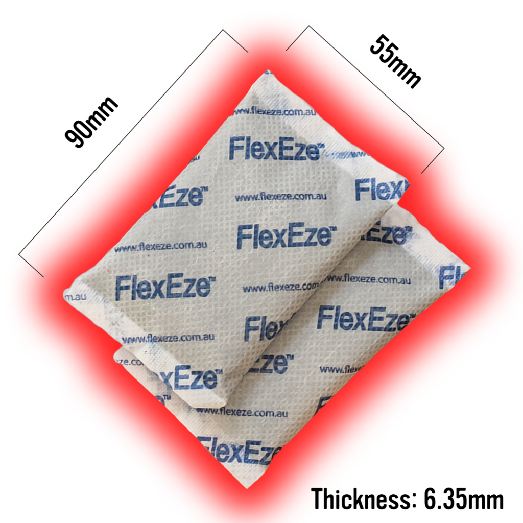 Dimensions of FlexEze Hand Warmers are 90mm long, 55mm wide and 6.35mm thick